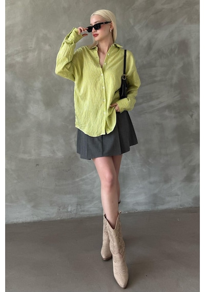 Madmext Sarı Çizgili Oversize Kadın Gömlek Mg2327 Sarı
