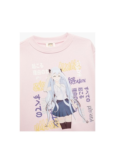 Koton Kız Çocuk Uzun Kollu Bisiklet Yaka Şardonlu Anime Baskılı Sweatshirt Pembe