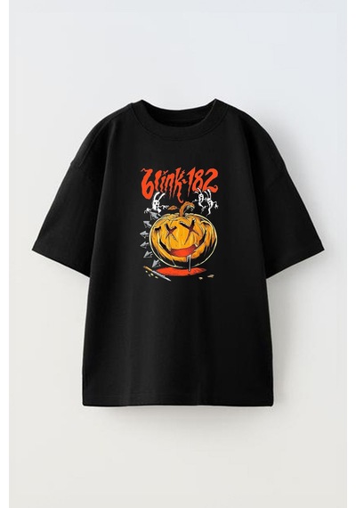 Thewert Unisex Katil Balkabagı Tasarım Baskılı Pamuk Sıyah Oversize T-shirt Siyah