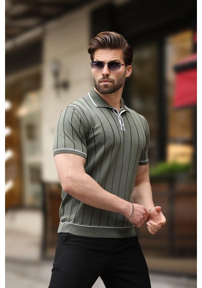 Madmext Haki Düğmeli Polo Yaka Triko Erkek Tişört E7408 Haki
