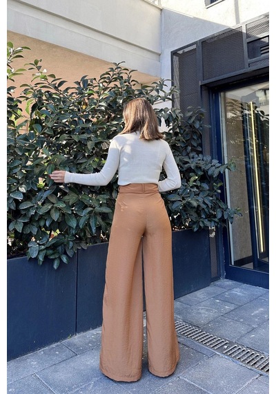 WeShaya Kadın Camel Yüksek Bel, Cepli, Bol Paça Pantolon Karamel
