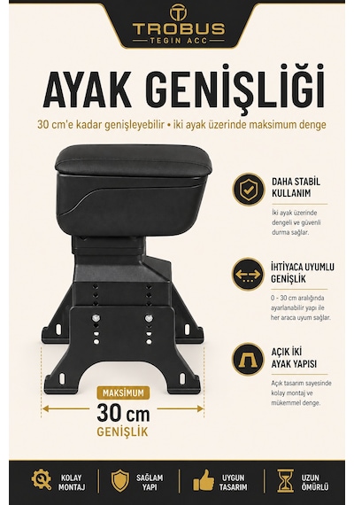 Trobus Ford Focus 3 2011-2018 Uyumlu Siyah Ayaklı Sürgülü Kolçak Ayarlanabilir Yükseklikli