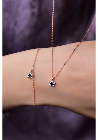 Papatya Silver 925 Ayar Gümüş Rose Kaplama Lacivert Zirkon Taşlı Mini Çiçek Kolye ve Bileklik Set