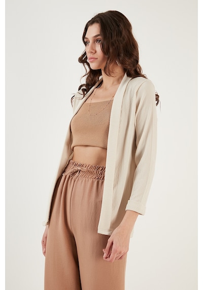 Lela Yakası Ve Kolu Katlı Gofre Kimono Bayan Hırka 5869014 Taş