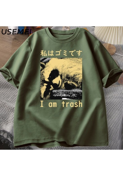 Flood Of Style Ben Çöp Japon Rakun Baskı T-shirt Harajuku Vintage Yüksek Kalite Pamuk Kısa Kollu Tişört Erke Yeşil