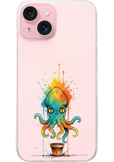 Apple Uyumlu iPhone 15 İle  Splash Ahtapot Tasarımlı Şeffaf Silikon Kılıf 051a