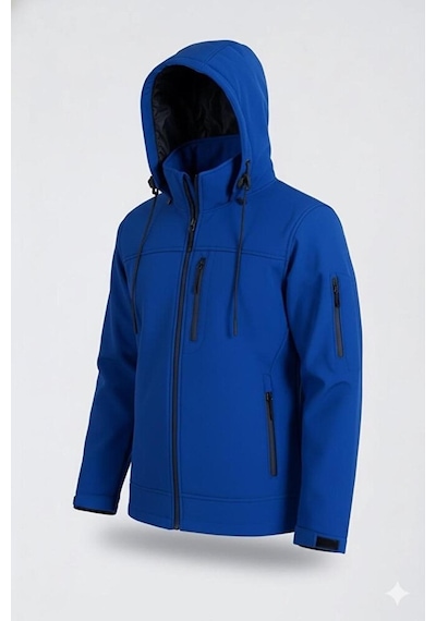 Vatan Tekstil Erkek Slim Fit Softshell Kapüşonlu Erkek Mont Su İtici Rüzgar Geçirmez Mavi