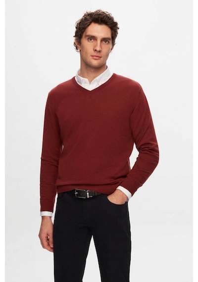 D's Damat Ds Damat Regular Fit Kiremit Düz V Yaka Triko Kazak 5HF06ORT12003 Kiremit