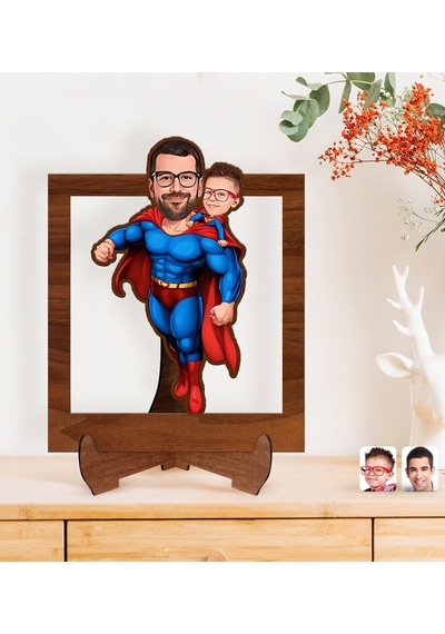 Bk Gift Kişiye Özel Süper Baba-oğul Karikatürlü Ahşap 3d Standlı Biblo-3, Babalar Günü Hediyesi, Babaya Hediye Kobitmeyencom31611 Bk Gift