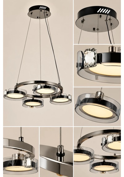 4'lü Modern Premium 3 Renkli Ledli Sarkıt Avizesi Platin Salon Mutfak Oturma Odası Modelleri 114w Siyah