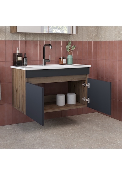 '' Lavabolu '' Mat Mdf 80 Cm Banyo Alt Dolabı Atlantik Çam - Antrasit