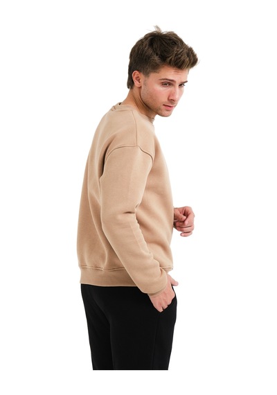 Justever Bisiklet Yaka Nakışlı Şardonlu İçi Polarlı Vizon Erkek Sweatshirt - Volar Vizon