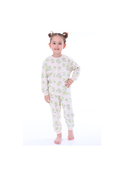 %100 Pamuk Çiçek Desenli Uzun Kollu Kız Çocuk Pijama Takımı 3,4,5,6,7,8 Yaş Yeşil