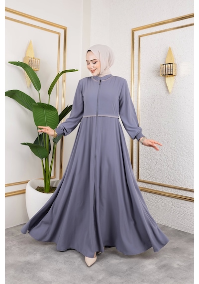 Nevayla Moda Yaka Ve Bel Nakış Detaylı Ferace - Gri / F0143 Gri