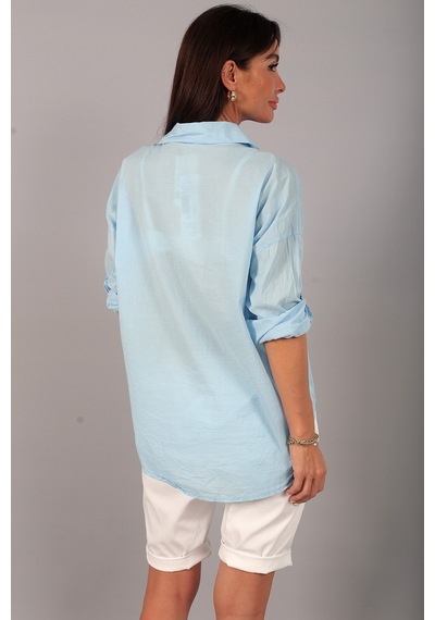 By Saygı Kadın İtalyan Cotton Mini Çiçek Nakış İşlemeli Gömlek Bebe Mavi