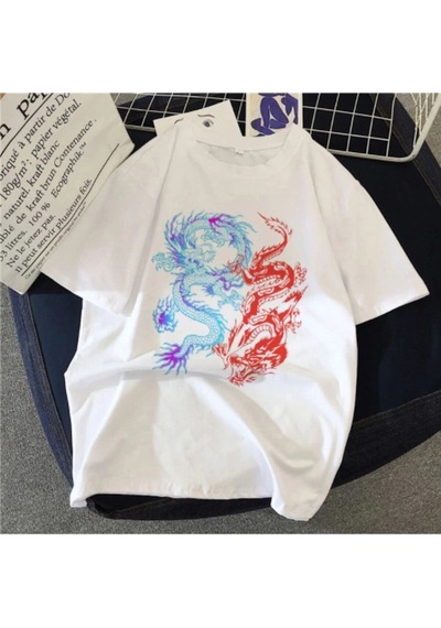 Startmore Beyaz Unisex Çift Dragon Baskılı Oversize Bisiklet Yaka T-shirt Beyaz