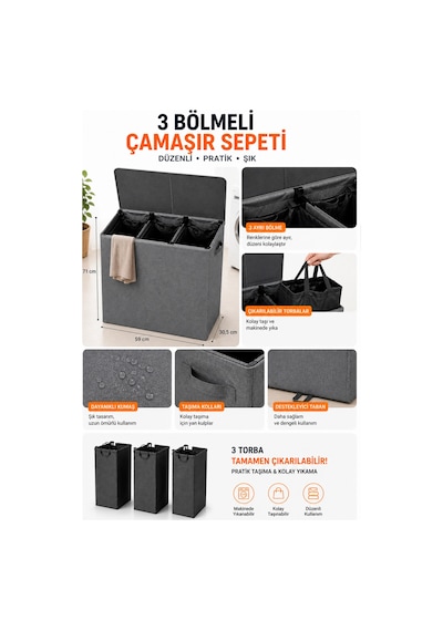 Esti 128 Litre 3 Bölmeli Kapaklı Çamaşır Sepeti - Taşınabilir İç Torba, Katlanabilir Geniş Hacimli Kirli Sepeti - 59x30,5x71 Cm Antrasit