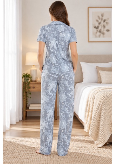 Lılac Kadın %100 Viskon Etnik Desenli Açık Gri Gömlek Yaka Pijama Takımı Gri Gri