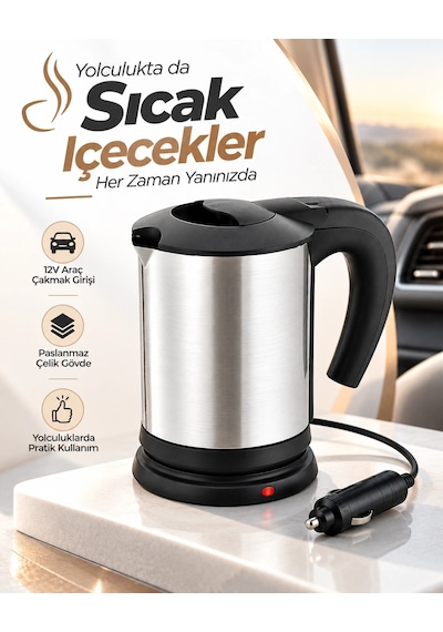Yolculuk Ve Seyahat İçin 12v Araç Uyumlu Paslanmaz Çelik Elektrikli Su Isıtıcı Kettle