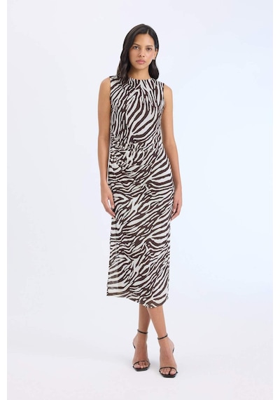 Defacto Bodycon Vücudu Saran Yarım Balıkçı Yaka Zebra Desenli Tül Kolsuz Midi Elbise E2903AX25SP Kahve