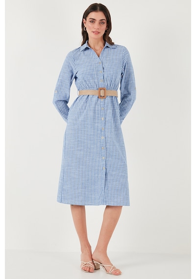 Lela Pamuklu Regular Fit Kemerli Midi Boy Gömlek Bayan Elbise 67810301 Indigo