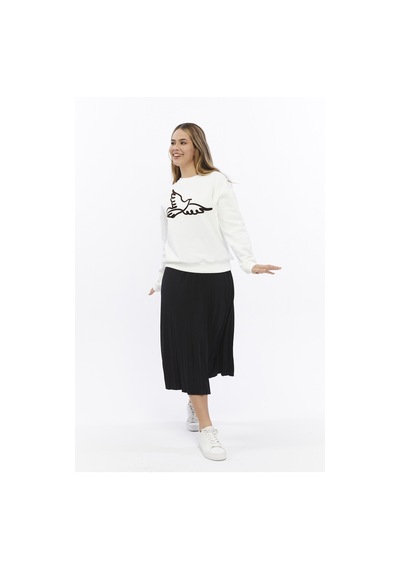 Kadife Kuş Desenli Şardonlu İçi Polarlı Ekru Regular Fit Bisiklet Yaka Kadın Sweatshirt Ekru