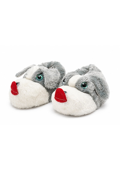 Modafocus Sevimli Köpek Figürlü Sessiz Kaydırmaz Taban Peluş Unisex Ev Pandufu Sevgili Kombin Terliği Gri