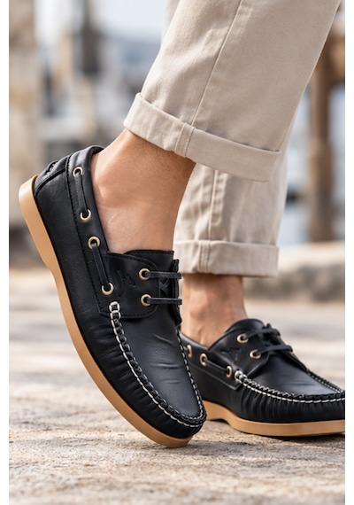Liarca Marin Boat Shoe, %100 Hakiki Deri Siyah Bej Kauçuk Taban Erkek Boat Shoe Mokasen Laofer Casual A... Siyah - Bej