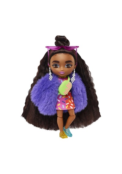 Barbie Extra Mini Bebekler 14 Cm , Mavi Ceketli, Koyu Renk Saçlı