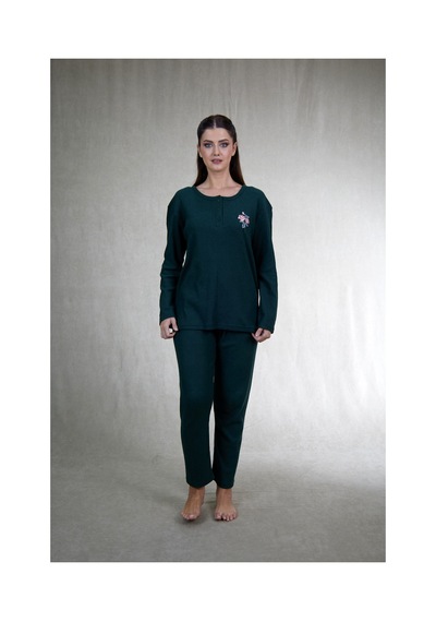 Estiva Kadın Nakış İşlemeli Patlı İnterlok Şardonlu Pijama Takımı Haki