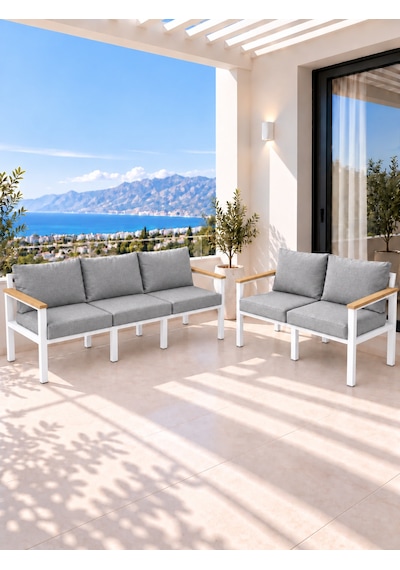 Neokas Metal L Köşe Koltuk 5 Kişilik, Balkon Ve Bahçe Mobilyası Beyaz