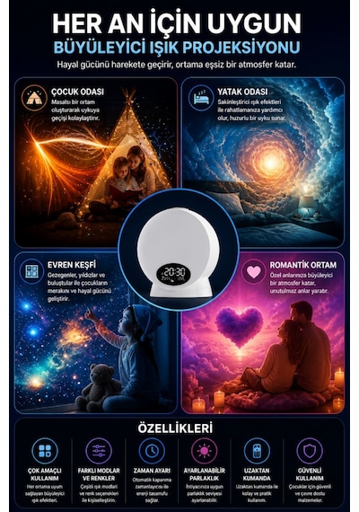 Galaxy Uyumlu Projektör Yıldız Gece Lambası Rgb Bluetooth Hoparlörlü Döner Uzay Projeksiyon Alarm Özellikli