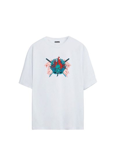 Thewert Unisex Ejderha Ve Canavar Baskılı Beyaz Oversize Tshirt