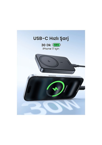 Ugreen 10.000 Mah Magnetic Wireless Manyetik Kablosuz Taşınabilir Şarj Cihazı Siyah