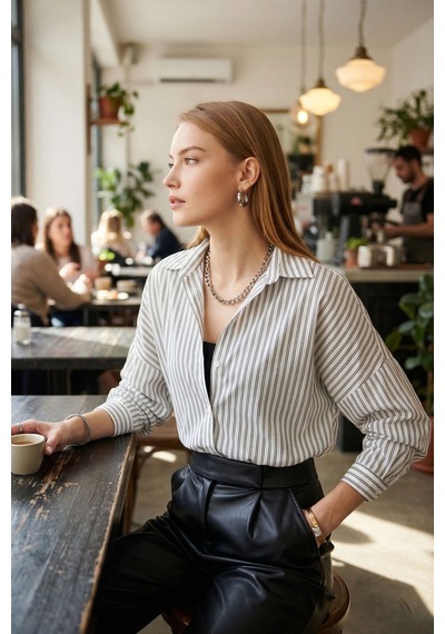 Armonika Kadın Beyaz-siyah İnce Çizgili Oversize Uzun Basic Gömlek Arm-22y001185