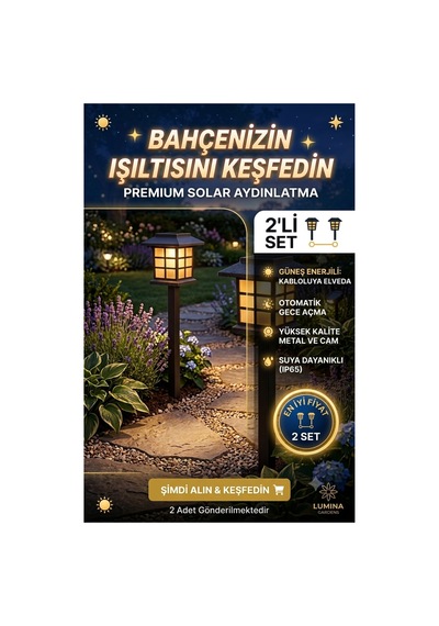 2'li Solar Bahçe Aydınlatma Lambası - Güneş Enerjili Suya Dayanıklı Dış Mekan Armatürü