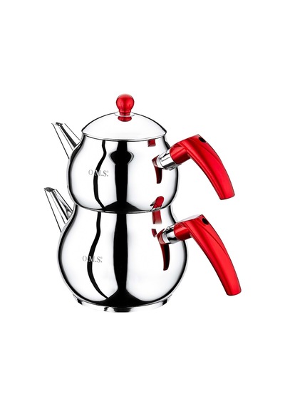 Oms Çaydanlık Takımı Çelik M Boy Kırmızı Kulp 8018 Gri