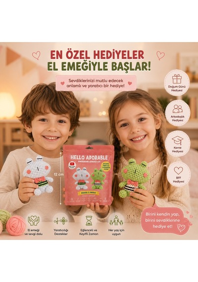 Bakgelal Hello Adorable Amigurumi Kurbağa Yapım Kiti , Kendin Yap Hobi Seti, Türkçe Anlatımlı