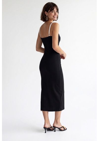 Mixray 2132 Kadın Bodycon Vücudu Saran Askılı Yırtmaçlı Maxi Elbise Siyah