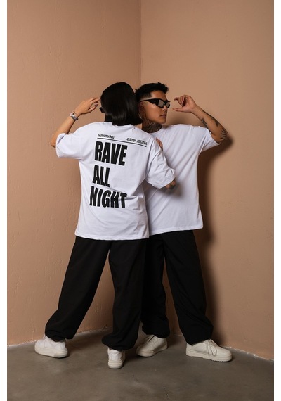 Technomonkey Unisex Beyaz Oversize Rave All Night Baskılı Techno Tişört