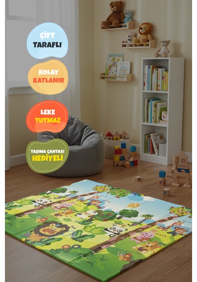 Katlanabilir Çift Taraflı Eğitici Çocuk Oyun Matı, Halısı 180x150x1 Taşıma Çantalı - Aslan Kral
