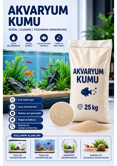 Doğal Akvaryum Kumu Açık Bej 25kg Ekonomik Paket İnce Taneli Elenmiş Tozdan Arındırılmış Fırında Kurutulmuş