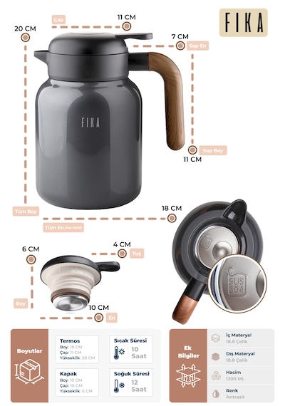 Neoflam Fika Paeta Çift Katmanlı Sızdırmaz Kapaklı Çelik Orta Boy Sürahi Termos 1300 Ml Antrasit