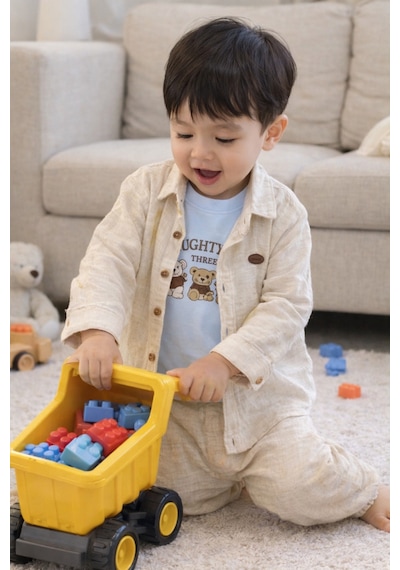 Babyhola Erkek Bebek Bayramlık Takım Ayıcık Desenli Müslin Kumaş Üçlü Set 2203 Mavi