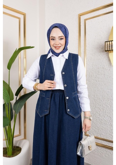 Harman Butik Kadın Kot Yelek-etek 2'li Takım Lacivert Lacivert