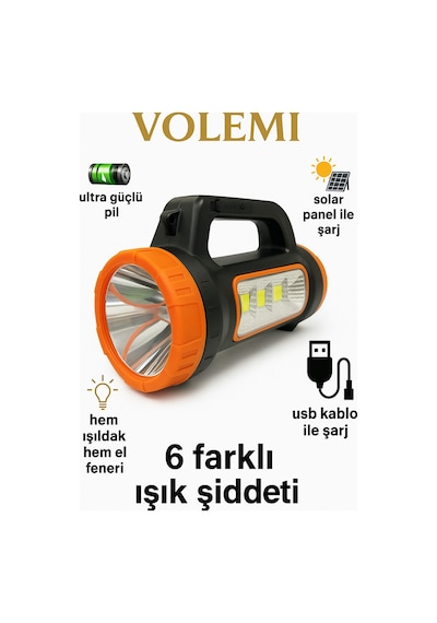 Volemi V-003 Güneş Enerjili Şarjlı Kamp Lambası 3 W + 15 W Uzun Menzilli Acil Durum Feneri Turuncu - Yeşil