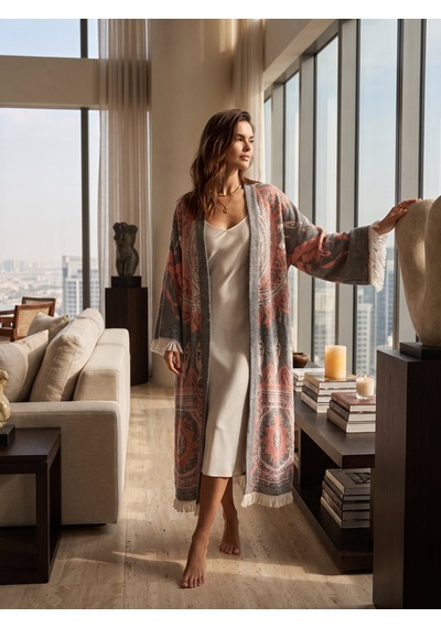 Brandsmiths Grey- Orange Mandala Kimono Sarı