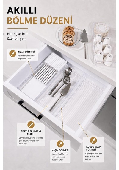 Çekmece İçi Bıçaklık Organizer Bölmeli Mutfak Düzenleyici Beyaz S-11029 Çok Renkli