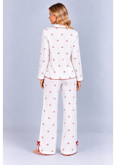 Pijamask Kadın Beyaz Kiraz Desenli Kırmızı Fiyonk Detaylı Uzun Kollu Pijama Takımı Beyaz