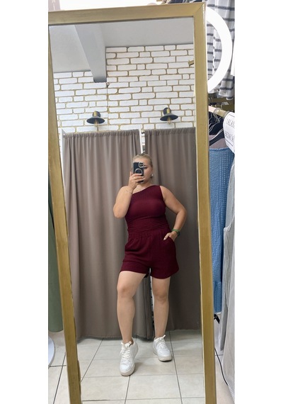 Tuba Toptaş Gofre Şort Lastikli Bel Bordo